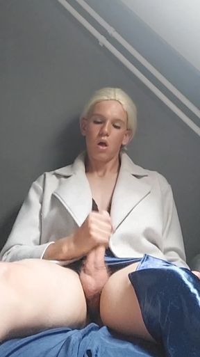 Amateur trans girl in high heels plays with huge dildo while sitting