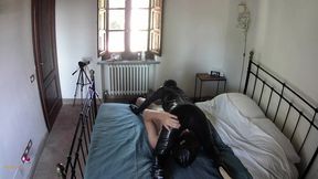 latex fantasies: hooded in a black condom catsuit wearing high heels i have to take a cock down my throat