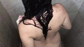 My stepmother is taking a shower and I go in to fuck her hairy pussy, but my iPhone slips