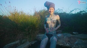 Real Life EXTREME tattoo couple public fuck in outdoor hot spring, deepthroat blowjob