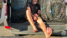 “hank takes off shoes and socks for his foot fans”