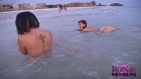 Three Hotties Make Out and Get Topless at a Public Beach