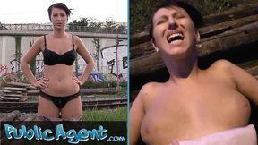 Short-haired teen with natural titties slobbers cum in public park.