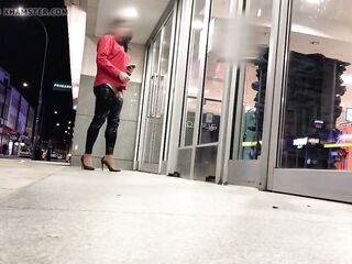 Crossdressed stroking in public