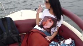 Amateur brunette smokes on a yacht and gives a nice blowjob