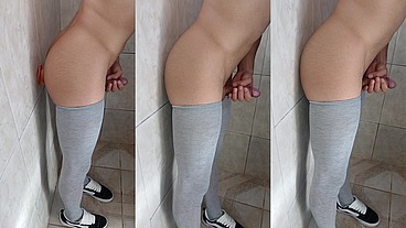 Gozando forte com consolo na parede e meia