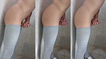 Gozando forte com consolo na parede e meia