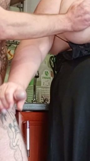 mother-in-law with big tits saw my standing cock and began to masturbate it until I cum close up   Clip 1