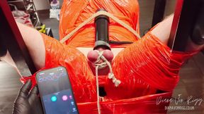 Merciless Cock Milking (tight Shiny Red Plastic Mummificaton and Remote Anal Stimulation)