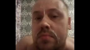 Gay man from Russia eats fresh cum and pours it all over his face!