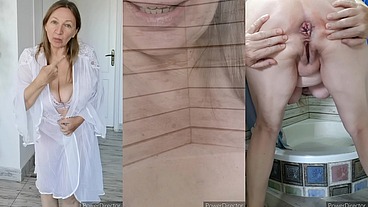 Granny pee in bathroom. GILF with huge saggy tits.