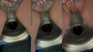 Sabien DeMonia solo piss close up in public toilet