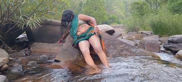 Telugu sexy Silk aunty outdoor waterfall bathing, telugu Dirty talks.