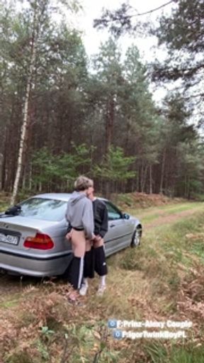 Twink gives a blowjob step bro 24cm big cock outdoor by car