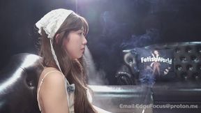 Elegant Asian Woman Answers Candid Interview Questions While Deeply Inhaling and Exhaling Thick Cigarette Smoke — ZI1 4K