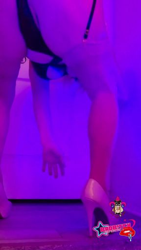 Kat-licious Dances Sensually in Black & Tan Teddy, Garter Belt & Thigh-high Hoes