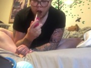 Trans man sucks and fucks his dildo