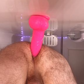 Bottom up view of me fucking pink 9 inch dildo in the shower