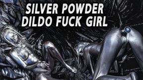 Silver smeared temptress licks dildo thrusts deep in throbbing pussy