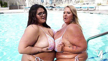 Fat titty BBW milfs drain a lucky guy between their mouths and tits