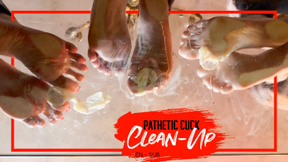 Nara, Bimby and Vibora humiliate a foot cleaning cuck with condoms and spit (EN-sub)