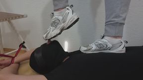 Dirty New Balance sneakers licked and cleaned by my slave boyfriend