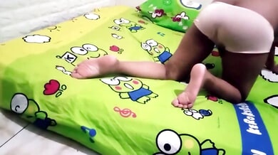 Indonesian woman caught in passionate cheating moment on cartoon bed