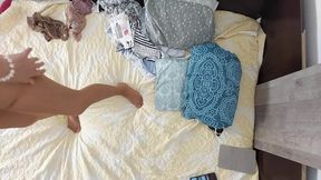 Latina with big hairy tits. Sexy brunette tries on tights, hairy pussy, big ass, big tits.