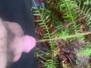 Peeing on the bank near a small waterfall