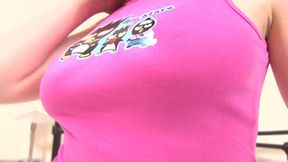 Sexy brunette chick showing her huge boobs