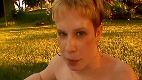 Trans Non Binary Whatever With Tits And Pussy Blows And Eats Sperm Outdoors!