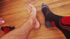 Man's socks, barefoot