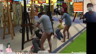 The Sims 4:6 people having intense sex on an easel