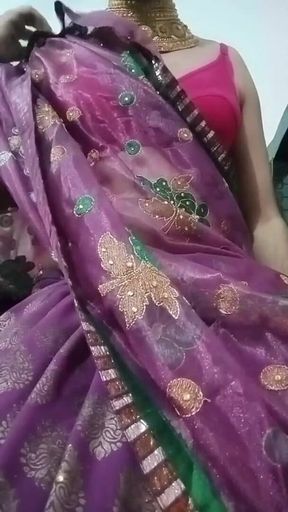 Indian Gay Crossdresser Bottom Gaurisissy Pressing and Playing with Her Big Boobs in Purple Saree with Heavy Jwellery