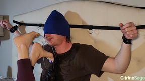 Foot slave bound to the headboards gags deeply on my feet AGAIN