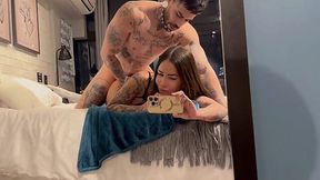 LAtina bitch sucking on my cock sloppy and getting fucked in front of the mirror