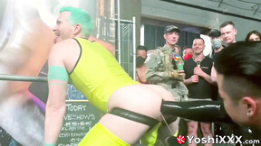 Axel Abysse endures while Yoshi Kawasaki uses thick dildos to fuck him in fron