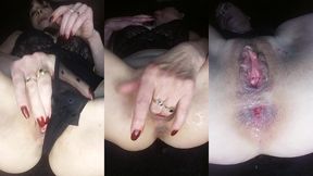 jouissance-squirt en body plumetis noir avec les doigts partout. clito chatte et...