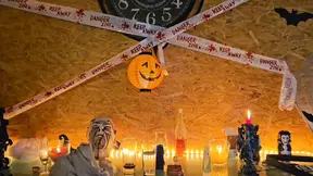 Halloween Orgy: Mature wife with big natural tits cheats on her husband backstage