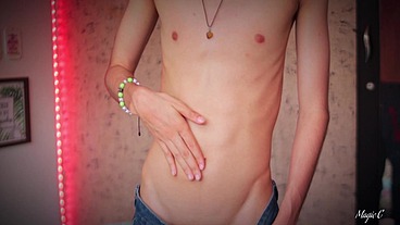 Hot Skinny Twink Jerking His Big Cock And Playing With His Precum And Cum