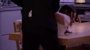Saucy Jap cutie with mammoth naturals and a round butt gets porked by a massive cock in her boudoir.