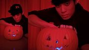 SFW Jon Arteen sexy twink emo femboy carves a Halloween pumpkin in his underwear Jack-o'-Lantern