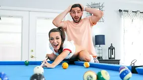 Messy brunette loses strip pool game and pays up by getting her pussy pounded hard