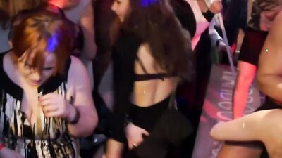 Naughty young brunette takes ad with male strippers at a CFNM party