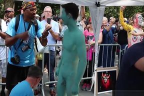 Naked Asain lad&amp;#039;s body painted in Public