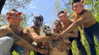 Tattooed Twink Receives Raw Ass Pounding From A Group Of Masked Strangers In The Woods