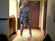 arachnaphobia zentai cums into black condom