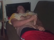 Fat guy jerks dick at night and cums on self