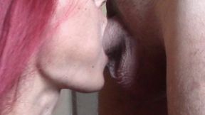 Milf gives a blowjob and gets cum on her face