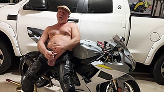 Straight Daddy in Garage Jerks and Cums in Leather on Motorbike